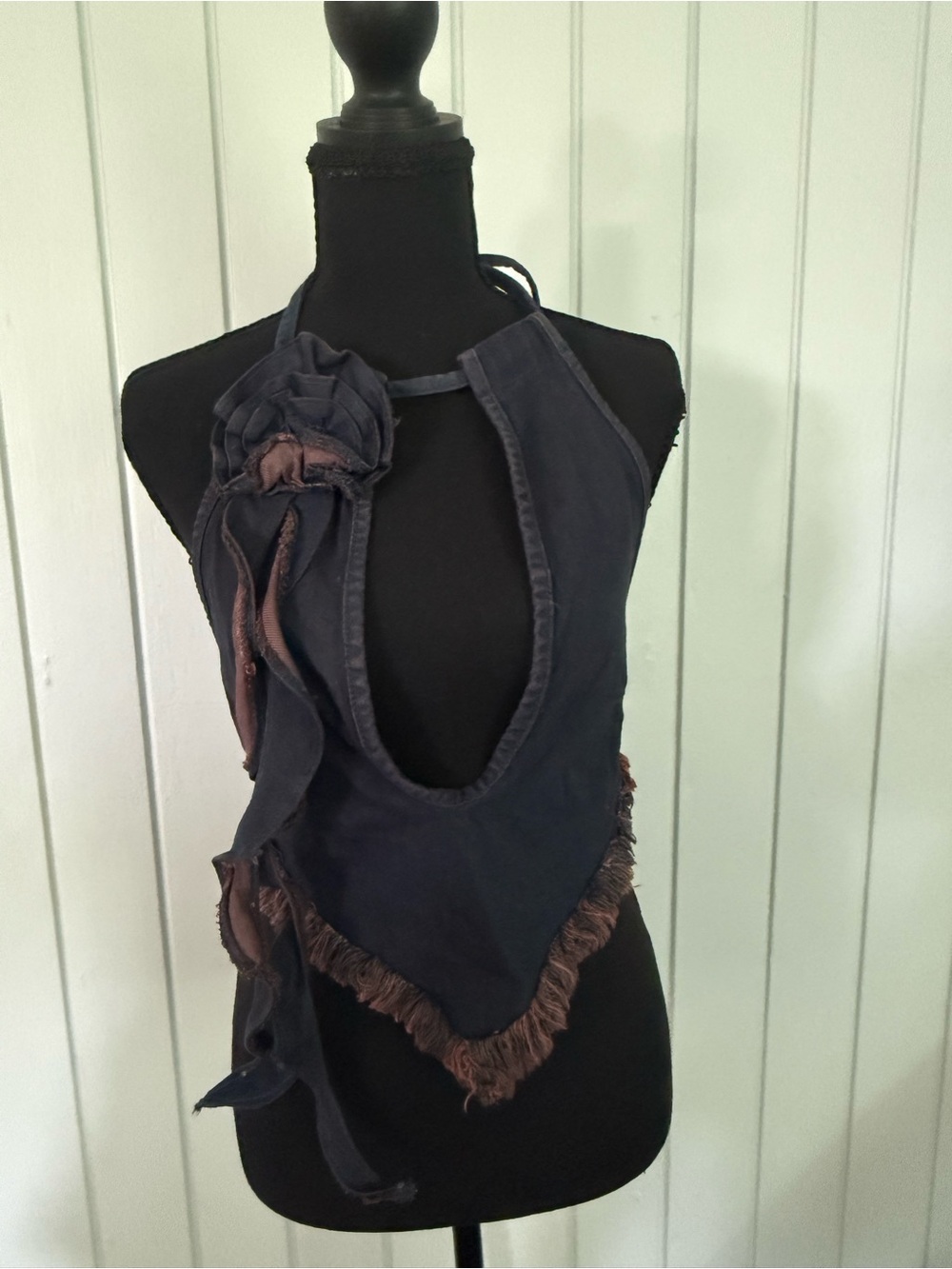 PrettyLittleThing Navy Blue Halter Top with Brown Fringe